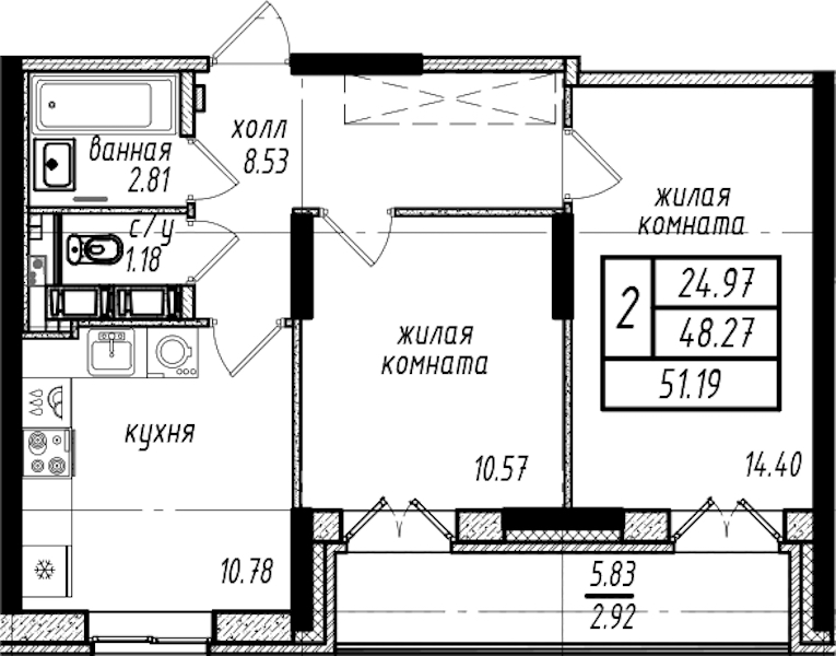 2-комнатная квартира 51.19 м², 16/16 эт., ЖК «Северная Долина»